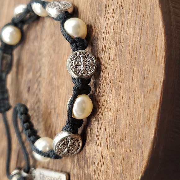 B1922 blessed my saints sterling silver bracelet paracord braided pearl - Picture 2 of 4